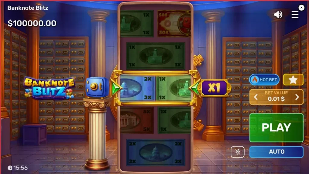Captura de tela do jogo Banknote Blitz, mostrando o cofre de banco de luxo e o Quadro de Vitórias em ação com notas de dinheiro.