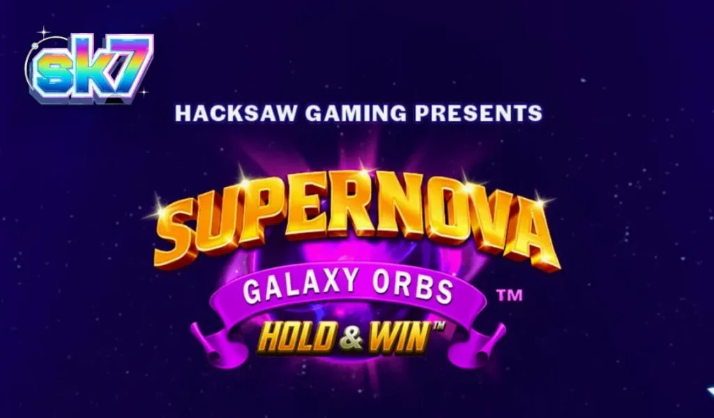 Interface do jogo Supernova Galaxy Orbs com símbolos de frutas neon e fundo espacial.